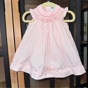 Luli & Me smocked embroidered heirloom dress baby girl gown rosettes ruffle